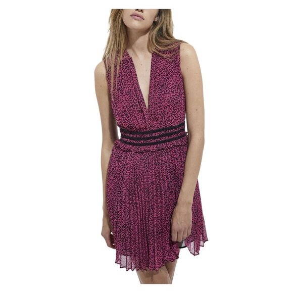 NWT THE KOOPLES Short Pleated Pink & Black Leopard Print Dress Deep V-Neck Sz 6 - Picture 1 of 15